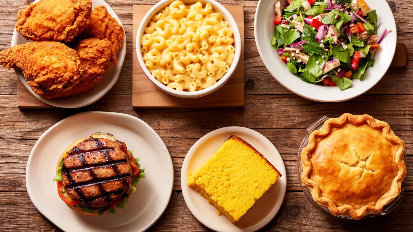 American comfort food spread on rustic table